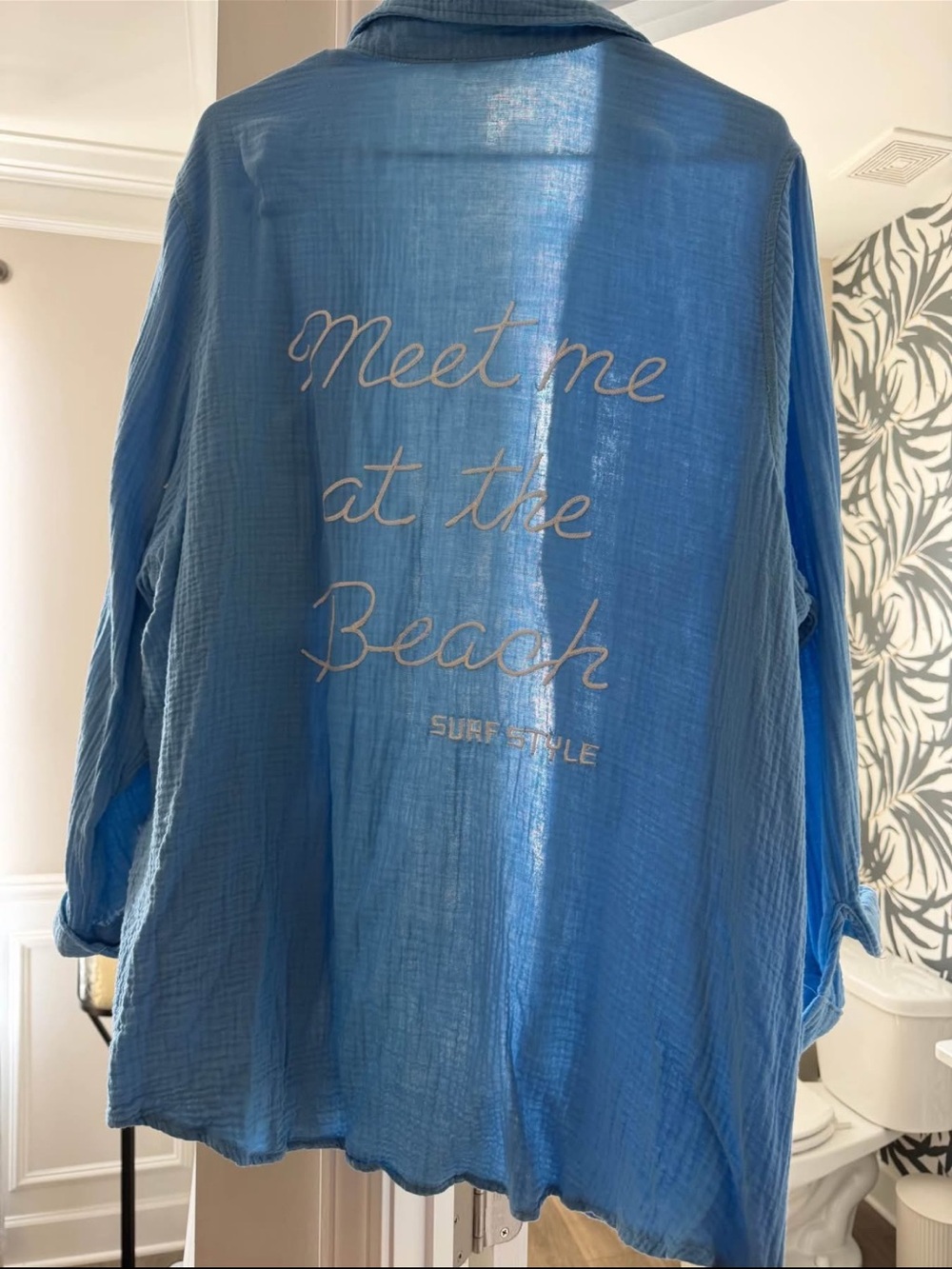surf style Light Blue Button-Down Shirt with 'Meet Me at the Beach' Script